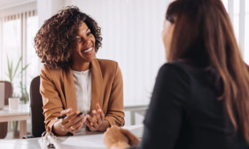 prospective resident talking with friendly property representative