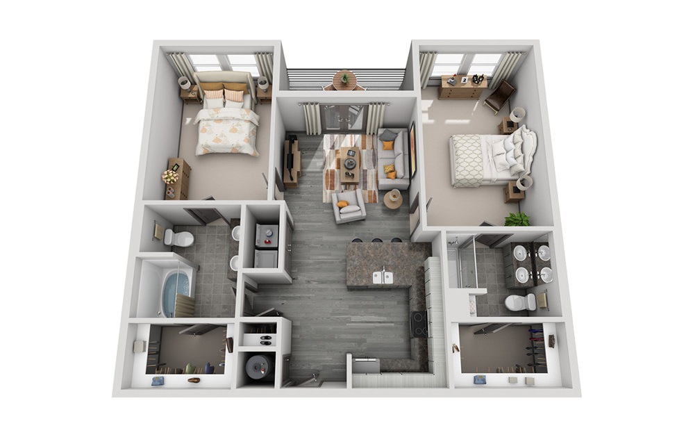 B1 - 2 bedroom floorplan layout with 2 baths and 1169 square feet.