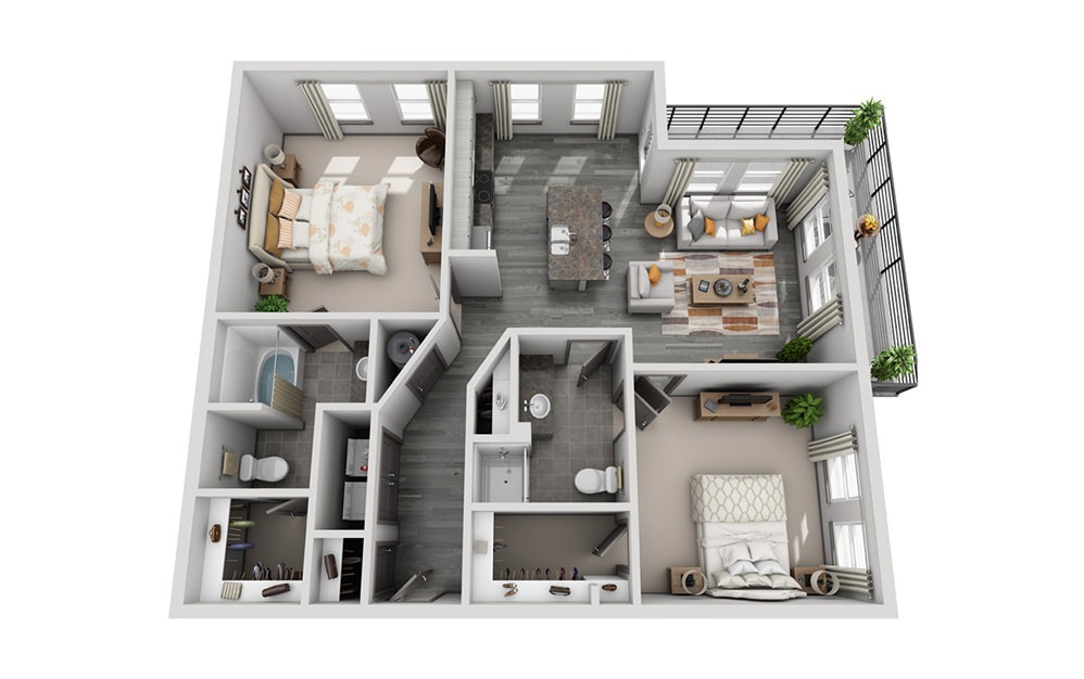 B2 - 2 bedroom floorplan layout with 2 baths and 1183 square feet.