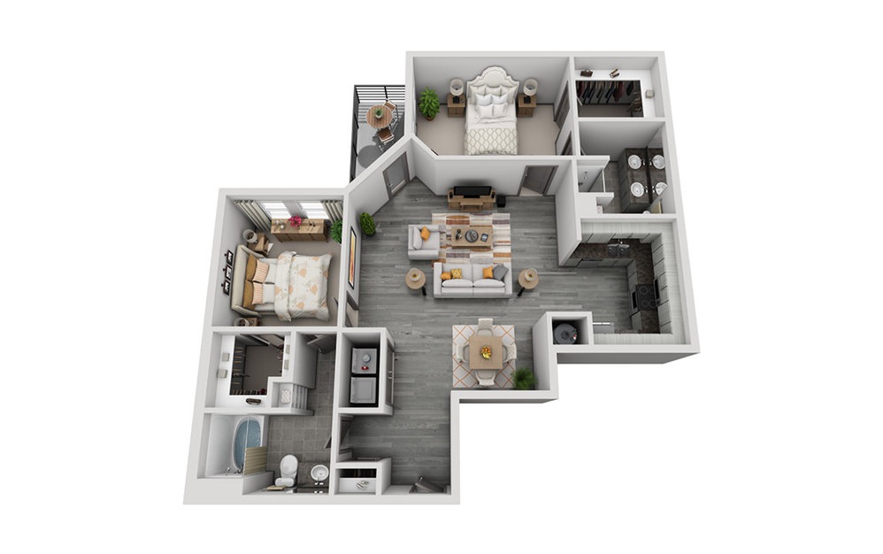 B3 - 2 bedroom floorplan layout with 2 baths and 1198 square feet.